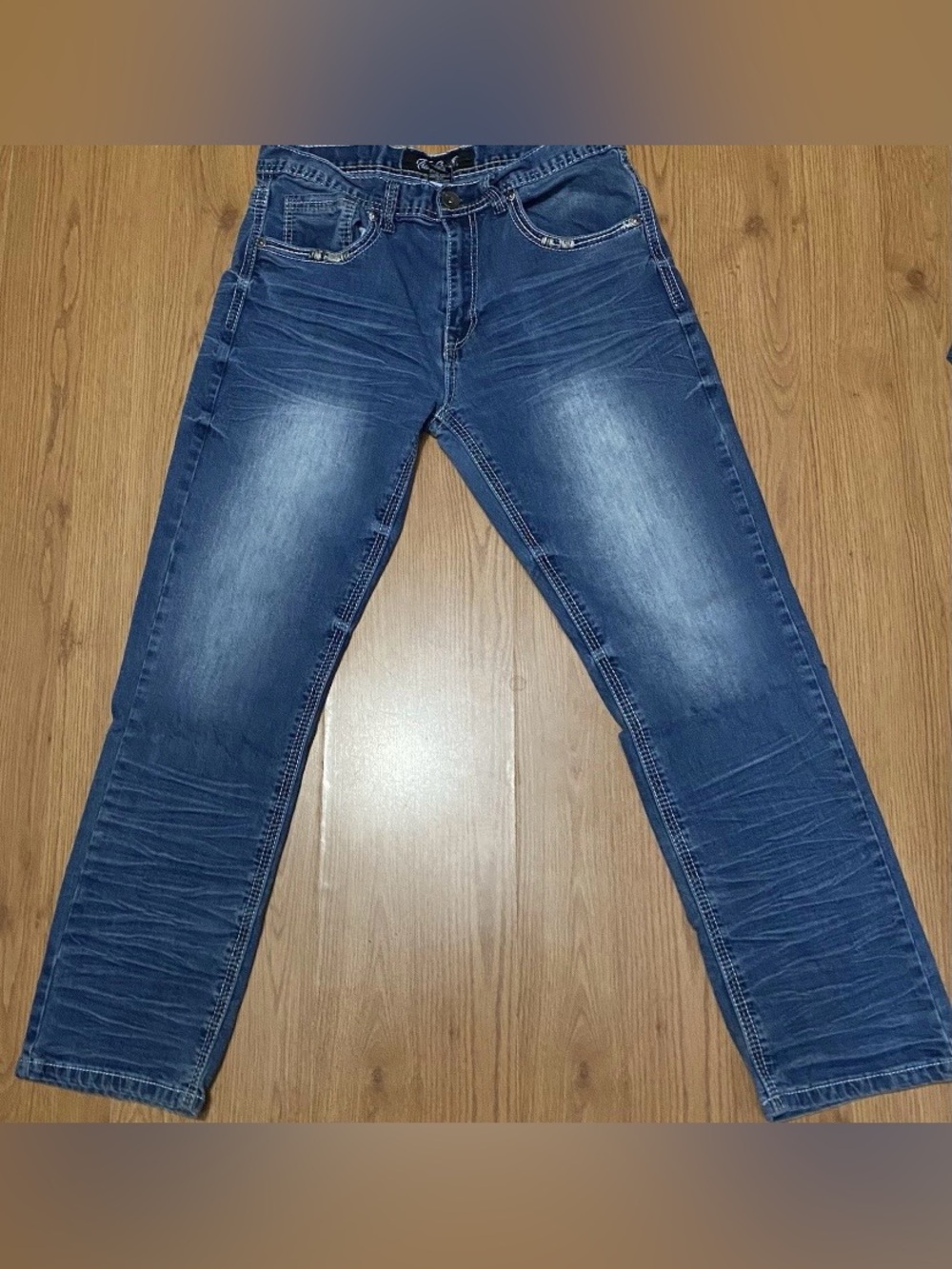 True Luck Men’s Straight Blue Denim Jeans Medium Wash Stretch Five Pocket